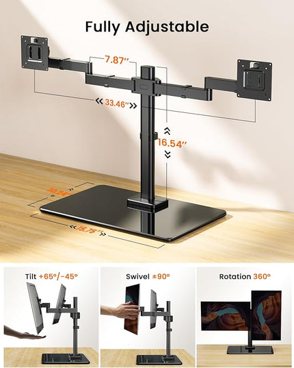 ErGear Freestanding Dual Monitor Stand for 17 to 32 Inch Screens, Computer Monitor Mount for 2 Screens, Dual Monitor Arm with Tempered Glass Base, VESA Mount Desk Stand Holds 22 lbs per Arm