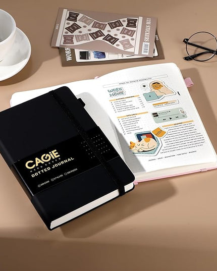 CAGIE Bullet Dotted Journal Notebook 320 Pages 100 GSM Paper Hardcover A5 Dot Grid Notebook Leather Journals for Writing Women Men Work Journaling, Black