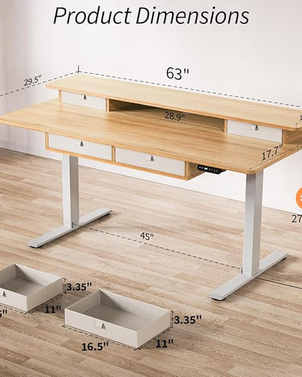 Kingant Standing Desk with Drawers & USB Charging Port, 63" x 30" Height Adjustable Home Office & Gaming Desk, Sit Stand Desk with Built-in Storage Shelf, Hook & Ergonomic Design(Maple)