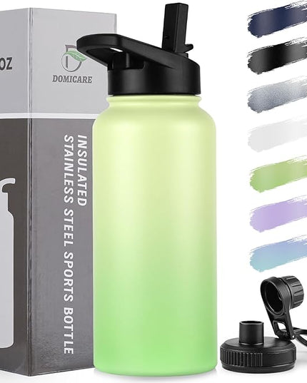 DOMICARE 32 oz Insulated Water Bottle, Vacuum Insulated Stainless Steel Sports Water Bottle with Straw Lid & Spout Lid, Leakproof, Reusable - Travel, Camping, Bike, Green Gradient