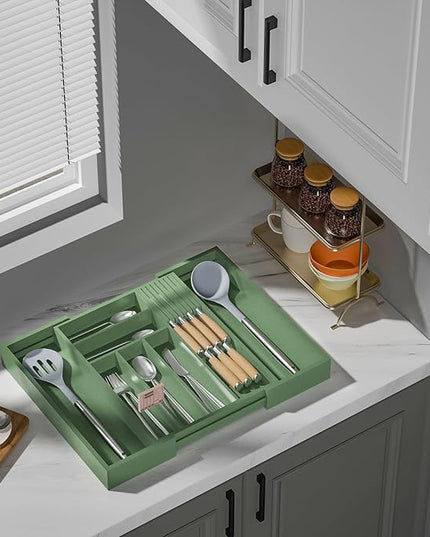 Bamboo-Silverware-Drawer-Organizer-Kitchen, Expandable Utensil Holder Cutlery Tray Flatware Organization Adjustable Wood Tableware Dividers Storage (with Removable Knife Block)(Grayish Green)