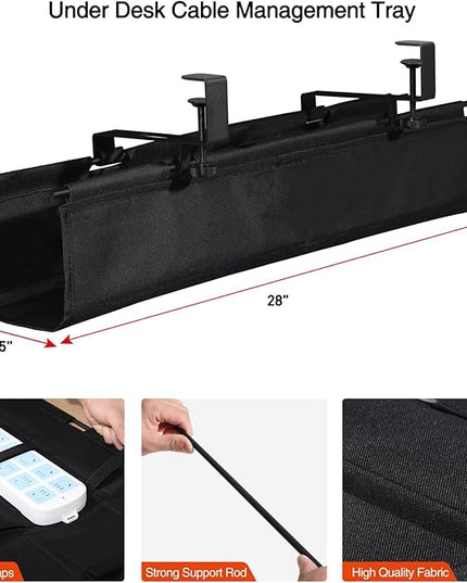 MAXECHO Under Desk Cable Management Tray 28" - Clamp on Wire and Cable Organizer for Storage and to Hide Cords - Ideal for Home Office - Premium Black Fabric Design