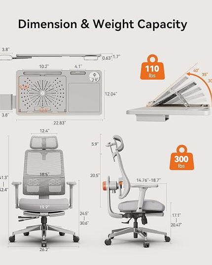 Newtral Ergonomic Office Chair-Home Office Desk Chair with Footrest, Auto-Following Backrest & Headrest, 4D Armrests, 96°-136° Recline (Gray, with Laptop Table)