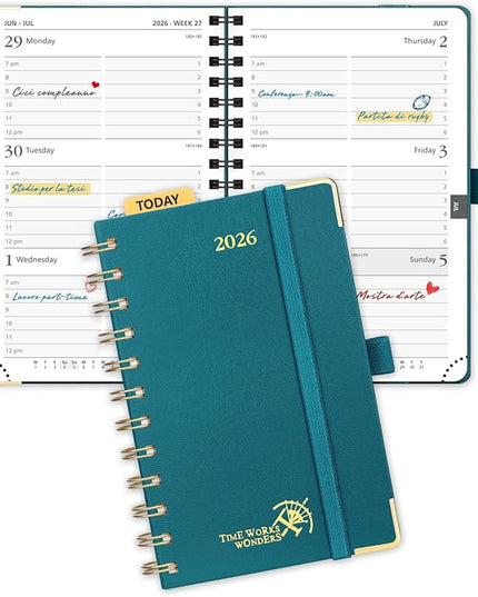 POPRUN 2026 Planner (Pocket Size 4''x 6.25'' Wire-Bond Hard Cover) Calendar Weekly and Monthly (Jan.2026-Dec.2026) Small Planner with Hourly Time Slots, for Purse, 100 GSM - Pacific Green