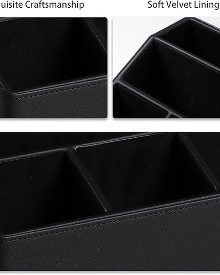 Cretkhp Remote Control Holder with 5 Compartments for Office Art Supplies, PU Leather Nightstand Organizer Pencil Pen Desk Caddy for Home, Desktop TV Remote Control Organizer Storage (Black)