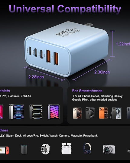 USB C Fast Wall Charger Block, 2Pack 60W USBC Charging Cubes, 5-Port PD+QC Power Adapter Multiport Brick Type C Box Plug for Phone 16/15/14/13/12/11/Pro Max/Plus, Pad Mini/Pro/S25/S24-Blue
