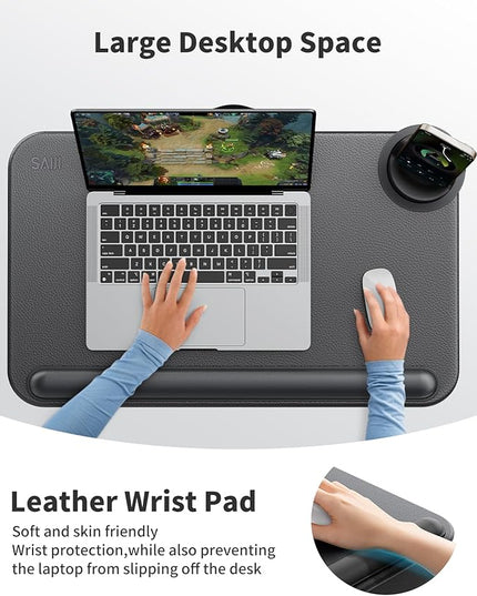 SAIJI Laptop Lap Desk - Fits Up to 17" Laptops, Lightweight Lap Tray Table Stand with Soft Leather Wrist Pad, External Monitor Holder, Lap Desk with Cushion for Home Office Working/Gaming On Couch
