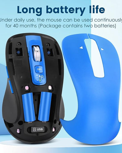 Wireless Bluetooth Mouse (USB + BT1 + BT2), Full Size, 4-Way Scrolling, Multi-Device Silent Mouse for Computer, Laptop, iPad, MacBook (Blue)