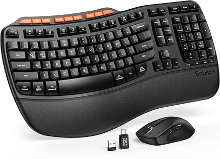 Ergonomic Wireless Keyboard and Mouse Combo, 2.4G Full Size Wave Key Board with Cushioned Palm Rest, Natural Typing, 3 DPI Adjustable Mouse, USB-A & C for Computer/Laptop/Mac/Tablet – Sablute