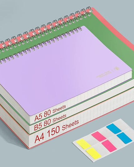 EMSHOI A4 Spiral Notebook College Ruled Lined Journal, 11.2" x 8.27", 300 Pages, 100gsm Thick Paper, Waterproof Softcover, Twin-Wire Binding, Sticky Notes, Purple