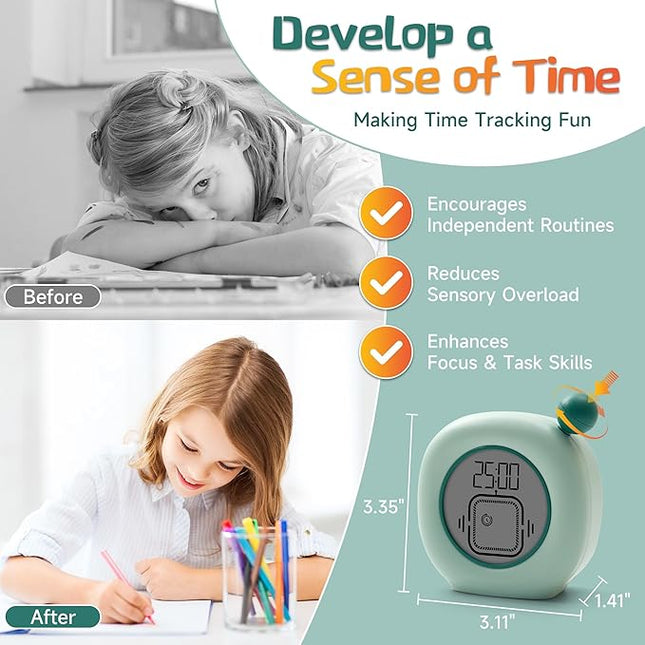 VEWINGL Productivity Timer & Clock with Alarm, Adjustable Desktop Timer for Autism, ADHD, Time Management, Ideal for Work, Study, Tasks, and Kitchen (Green)