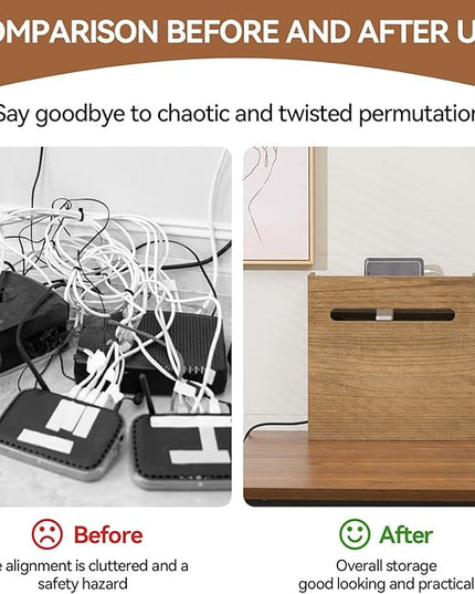 KIRIGEN WiFi Router Storage Box, Wooden Wireless Router Organizer Rack Shelf Power Cord Socket Storage Shelf Cable Management and Organizing Box for Office and Home Dark Brown LYQ-DBR