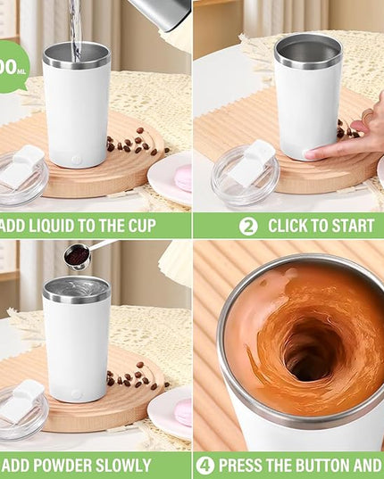 hatisan Self Stirring Coffee Mug With Lid Electric High Speed Self Stirring Mug 400ml Rechargeable Detachable Stainless Steel Self Stirring Cup for Coffee, Milk, Cocoa Christmas Gift(White)