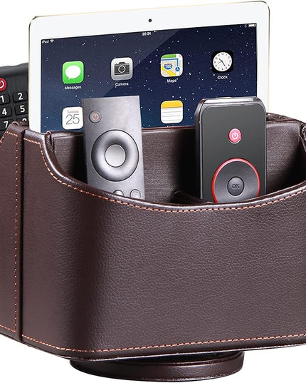Arniche PU Leather Remote Control Holder,360 Degree Spinning Desk TV Remote Caddy,Desk Organizers and Accessories,for Controller,Media,Mail,Calculator,Mobile Phone,Pen Storage Holder(Brown Lychee)
