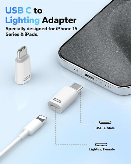MoKo Lightning to USB C Adapter for iPhone 17 Air 16 15 Pro Max Plus, Galaxy S25 S24 S23, iPad Pro/Air, 4 Pack USB-C to Lightning Adapte for Fast Charging/Data Transfer, Not for Audio/OTG, White PD