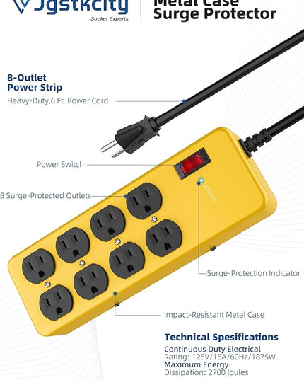 Heavy Duty Power Strip,Industrial Heavy Metal Case Surge Protector,8 AC Outlets,15Amp,2700 Joules,Protected' Indicator,14 Gauge Cord (Yellow, 6FT Length)
