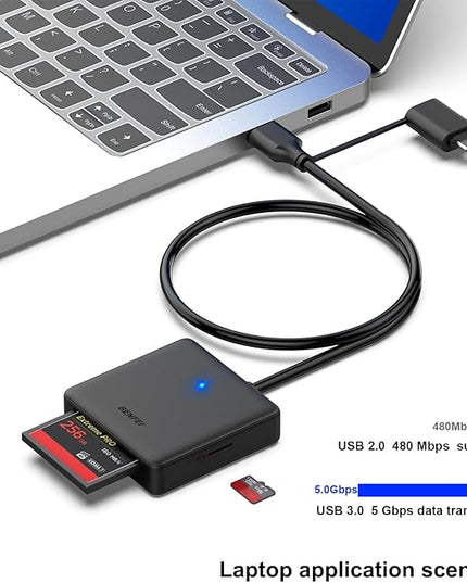 Memory Card Reader, BENFEI 4in1 USB 3.0 and USB-C to SD Micro SD MS CF Card Reader Adapter, 4 Cards Simultaneously Read and Write, Compatible with iPhone 15 Series, MacBook Pro/Air 2023, and More