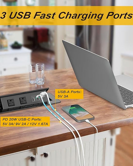 UL Listed Recessed Power Strip, Pop Up Power Cover Box Desktop Socket with PD 20W USB C Charging Ports, Stainless Steel Receptacle Outlet for Conference Room Countertop (Black-USB C)