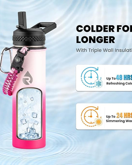Insulated Water Bottle 20 oz, Triple Wall Vacuum Stainless Steel (Cold for 48 Hrs), Leak Proof & Non-BPA, Kids Water Bottle Jug for School with Straw Spout Lids, Ombre Pink