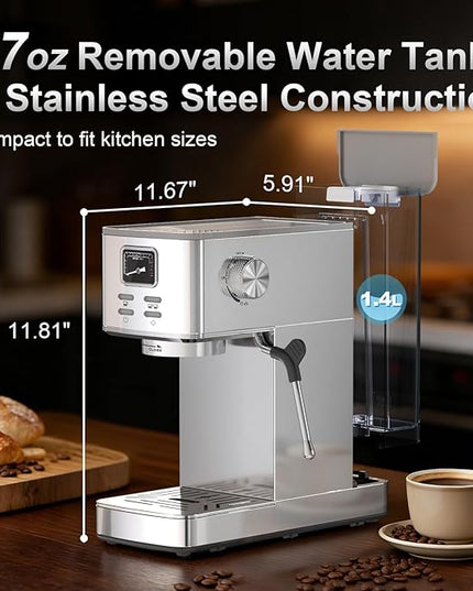 Espresso Machine 20 Bar, Compact Espresso Coffee Machine with Steam Milk Frother & 47oz Removable Water Tank, Hot Water Function for Home Cappuccino, Latte