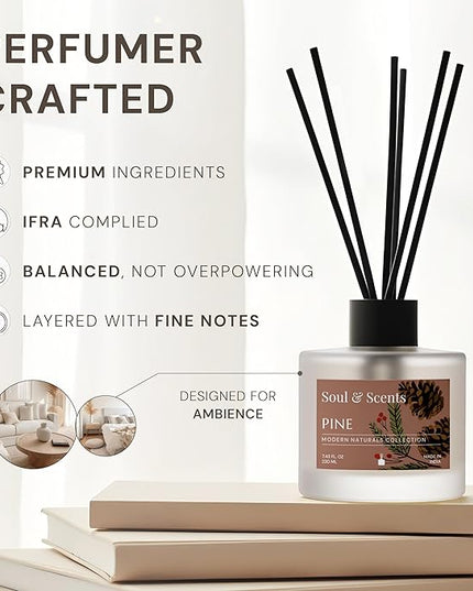 Soul & Scents Reed Diffuser Set – Pine | 7.43 oz Refillable Scented Oil with 6 Fiber Sticks | Long-Lasting Home Fragrance & Air Freshener for Bedroom, Bathroom, Office | Gift & Décor Piece