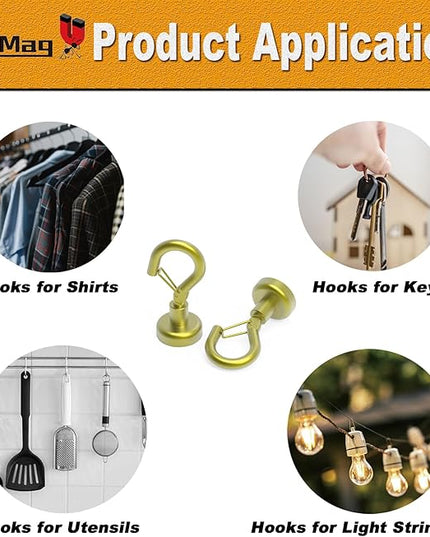 Ant Mag Magnetic Hooks Heavy Duty with Snap 22lbs Strong Gold Magnet Hooks Great Hanging for Refrigerator, Cruise Cabin, Grill, Wreath,Kitchen,Office 8 Pack
