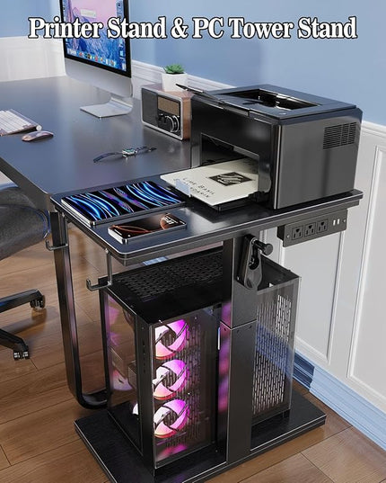 Height Adjustable Computer Tower Stand with Wheels and Charging Station,2-Tier PC Stand for Floor or Carpet,PC Holder Under Desk for ATX-Case,Office,Home,Gaming Room (Black)