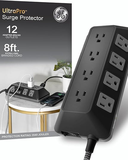 GE UltraPro 12-Outlet Surge Protector, 8 Ft Braided Extension Cord, Multi Plug Outlet Extender, Adapter Spaced, Flat Plug, for Home, Office, Dorm, 3540 Joules, Black, 81784