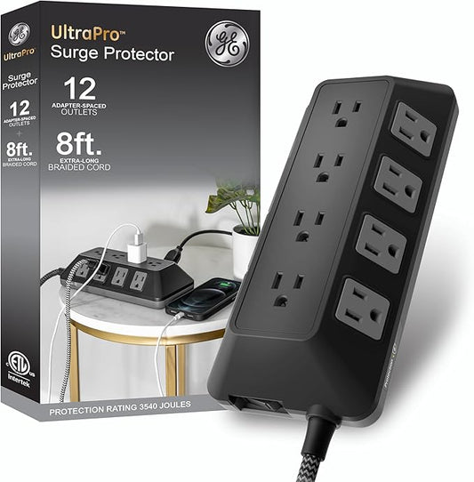 GE UltraPro 12-Outlet Surge Protector, 8 Ft Braided Extension Cord, Multi Plug Outlet Extender, Adapter Spaced, Flat Plug, for Home, Office, Dorm, 3540 Joules, Black, 81784