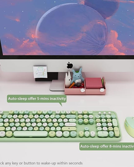 Wireless Keyboard and Mouse Combo, Cute Colorful 104-Key Typewriter Retro Round Keycaps Keyboard for PC Laptop,Windows,Desktop,Perfer for Home and Office Keyboards (Green)