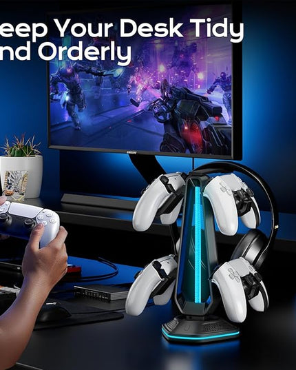 Saitake RGB Controller Holder with 9 Light Modes,Controller Stand with 2 USB Ports,Headset Stand for Desk-Headphone Holder Suitable for All Headphones and Controllers