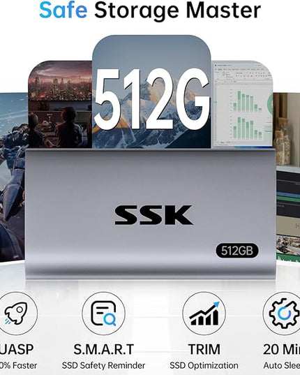 SSK 512GB SSD External Hard Drive, Portable SSD Up to 550MB/s Fast Solid State Drives External, USB 3.2 Gen2 for iPhone 15/16 Pro, Win, Mac, Android with LED Light, Trim, Smart Supported
