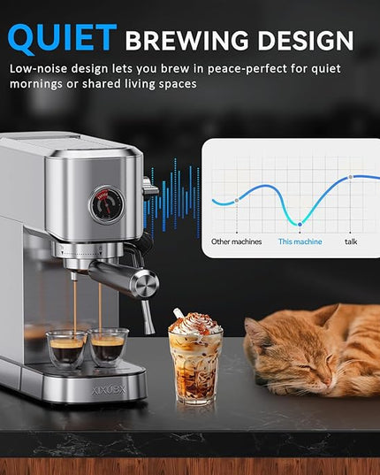 20Bar Espresso Machine, Compact Espresso Maker with Milk Frother, Stainless Steel Coffee Machine for Cappuccino&Latte, 42oz Water Tank, Visible Pressure Gauge, Home&Office, Silver