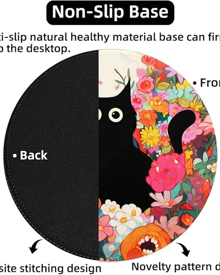 Black Cat Flower Small Mouse Pad, Cute Aesthetic Anime Mousepad with Non-Slip Rubber Base, Round Mouse Pads for Desk Accessories Laptop Gaming Office Supplies Decor(8.6 x 8.6 Inch)