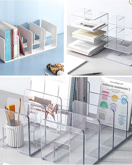 2PCS Acrylic File Organizer for Desk, Desktop Document/Mail Organizer, 4 Compartments Plastics Invisible Bookshelf Floating (12.5" x 5.7" x 5", Purple)