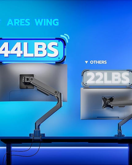 ARES WING Ultrawide Monitor Arm with USB A/C, for 17 to 49 inch Heavy Duty Screen, Holds 44 lbs, Adjustable Gas Spring Arm Desk Mount with Clamp and Grommet Base, Black