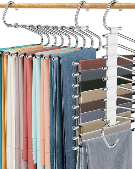 Upgrade 9 Layers Pants Hangers Space Saving, 2 Pack Multifunctional Pants Rack Non Slip Stainless Steel Clothes Space Saver Hangers Closet Organizers Storage for Pants Jeans Leggings, Creamy White