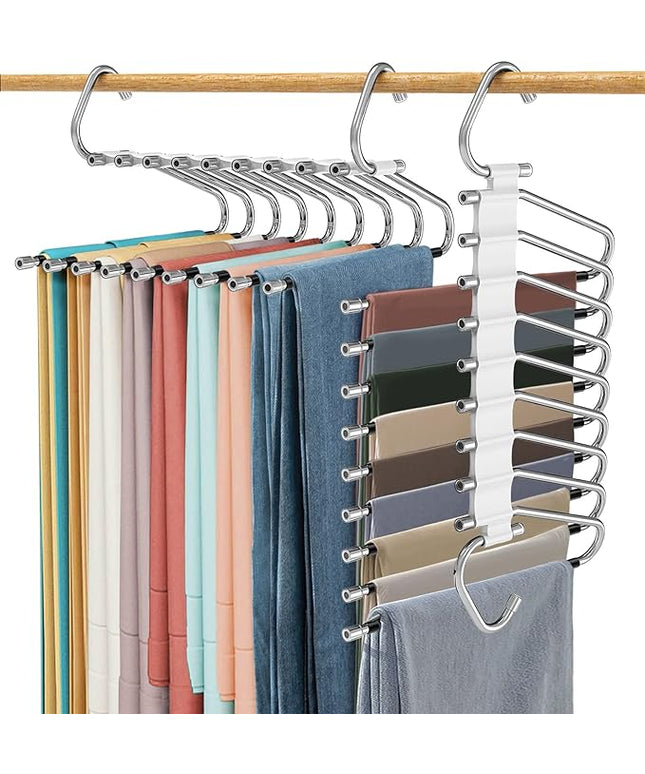 Upgrade 9 Layers Pants Hangers Space Saving, 2 Pack Multifunctional Pants Rack Non Slip Stainless Steel Clothes Space Saver Hangers Closet Organizers Storage for Pants Jeans Leggings, Creamy White