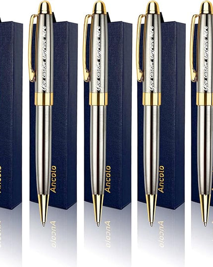 Ancolo Personalized Luxury Ballpoint Pen Writing Set-Stainless Steel Fancy pens Custom with Your Name or Message, Perfect for Students/Teacher/Manager/Lawyer/Professor 5PCS/Pack
