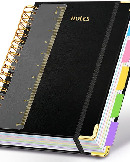 Hardcover Spiral Notebook 8.5"x11" Journal Notebook with Tabs and Removable Dividers 300 Pages 5 Subject Notebook College Ruled, Faux Leather Spiral Bound Notebook for Women School Work (Black)