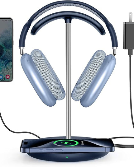 Miroddi Headphone Stand with Wireless Charger, Independent USB Charging Port, 5 in 1 Charging Station Headset Holder Rack for iWatch, iPhone, Samsung and Desk All Headphones, Dark Blue