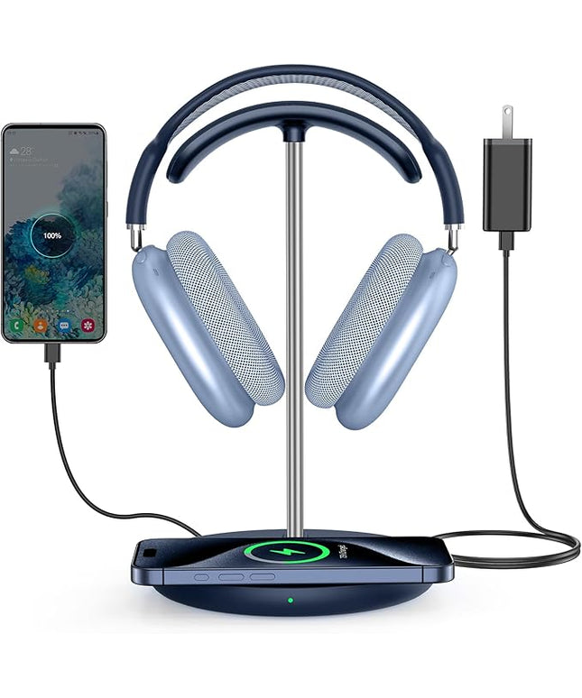 Miroddi Headphone Stand with Wireless Charger, Independent USB Charging Port, 5 in 1 Charging Station Headset Holder Rack for iWatch, iPhone, Samsung and Desk All Headphones, Dark Blue