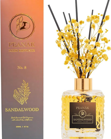 Reed Diffuser Set - Sandalwood Orange Oil, Oil Diffuser Sticks, Bathroom Diffuser, Bathroom Decor, 200ml with Preserved Flowers - PEANÄK