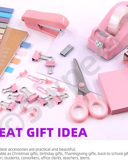 Swpeet 9Pcs Pink Office Supplies Kit, Desk Accessories Including Stapler, Tape Dispenser, Staple Remover, Tabs, Scissors, Staples, Tape, Clips and Sticky Note Ideal for Office and School