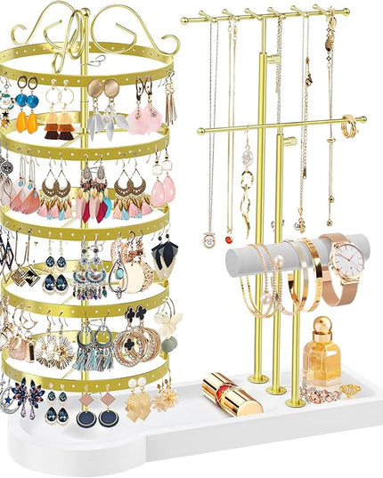 Jewelry Earring Holder Organizer, Adjustable 5 Tiers Rotating Earring Holder 3 Tier Necklace Holder with Wooden Base, Multi-Functional Jewelry Organizer Display Stand for Studs Bracelet Women(Gold)
