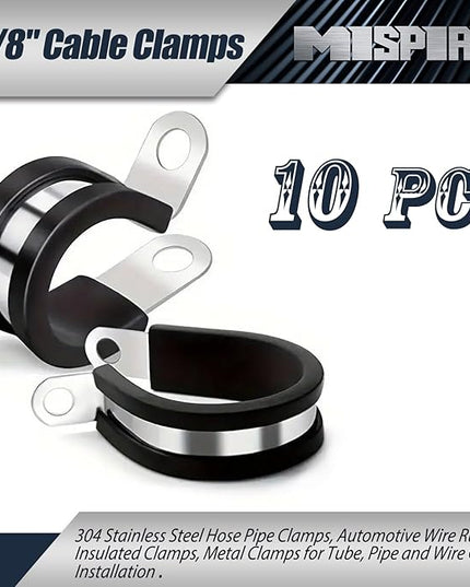 1-1/8 Inch Cable Clamps, 10 PCS, Stainless Steel with Rubber Insulation, Black, Clamp
