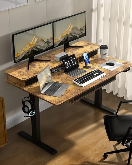 55 * 30 Inches Electric Standing Widened Desk Adjustable Height with 4 Drawers, Double Storage Shelves Stand Up Desk, Home Office Workstation Sit Stand up Desk (Rustic Brown)
