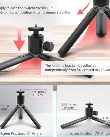 Kado Metal Portable Monitor Stand Tripod, 100x100mm 75x75mm Wall/Arm Mount Adapater Bracket Plate, 360° Ball Head and 1/4" Screw Compact for Phone, Tablet, Projector, Camera and Webcam