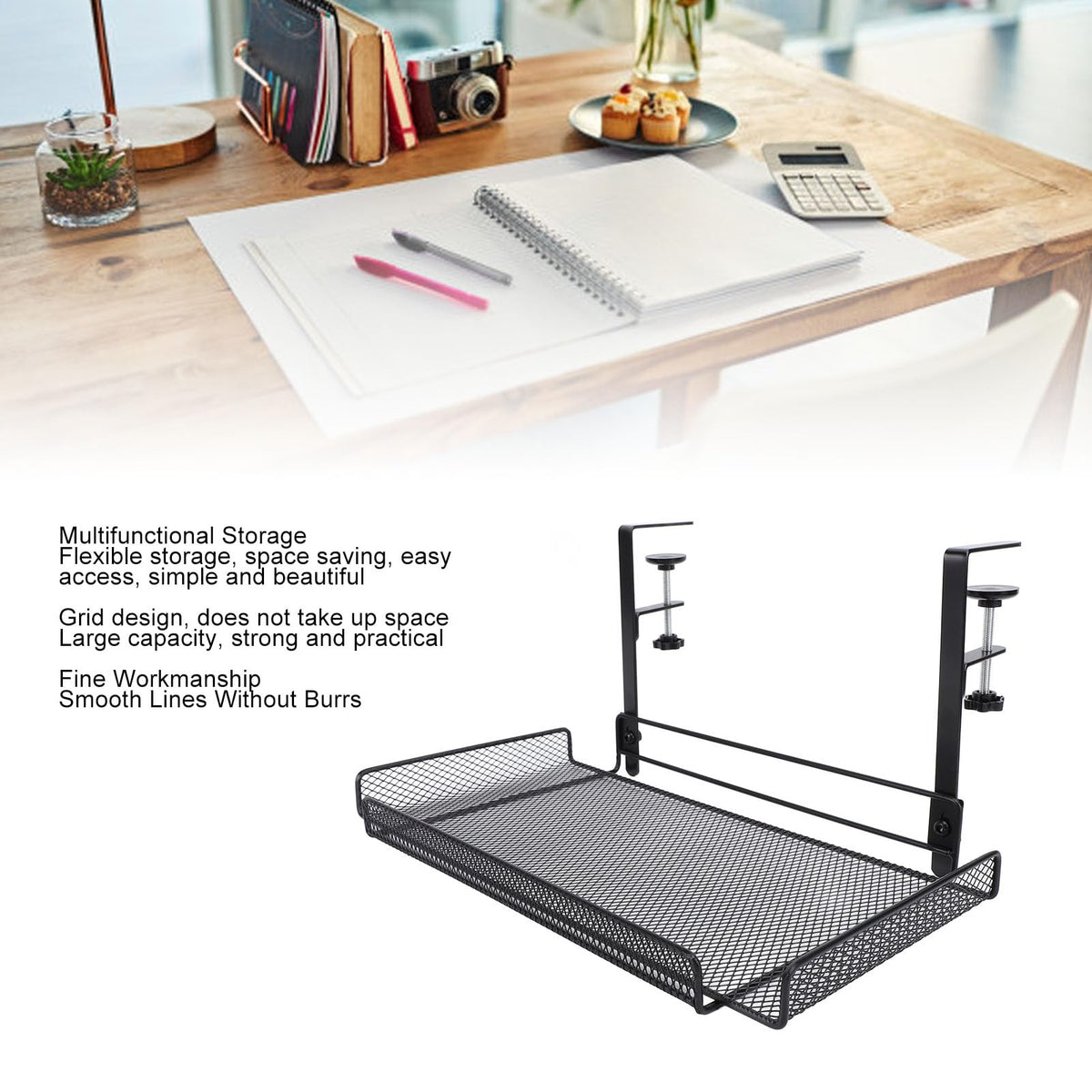Under Desk Wire Organizer, Cable Management Tray Metal, Large Storage Tray Clamp Mount for Office Home, No Drill Cable Raceway (Black)