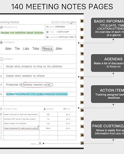 EMSHOI Meeting Notebook for Work - A5 Half Meeting Half Note Planner, 140 Pages, 100GSM Thick Paper, Hardcover, Project Organizer for Women Men Office, Business, Note Taking, 6"x8.3" - Black